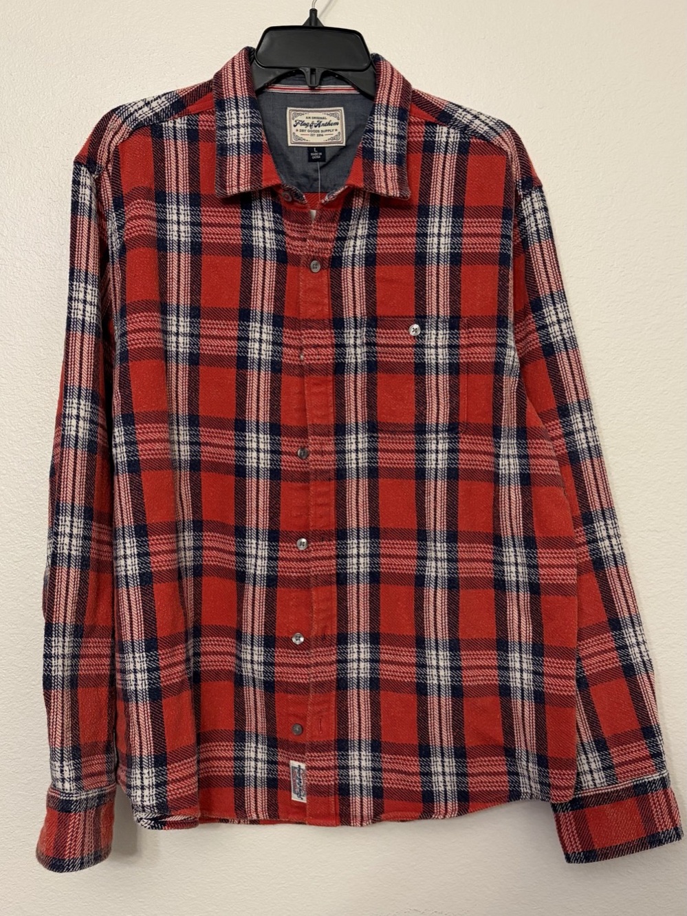NWT Flag & Anthem Mens Large Long Sleeve Plaid Flannel Shirt Red Navy White